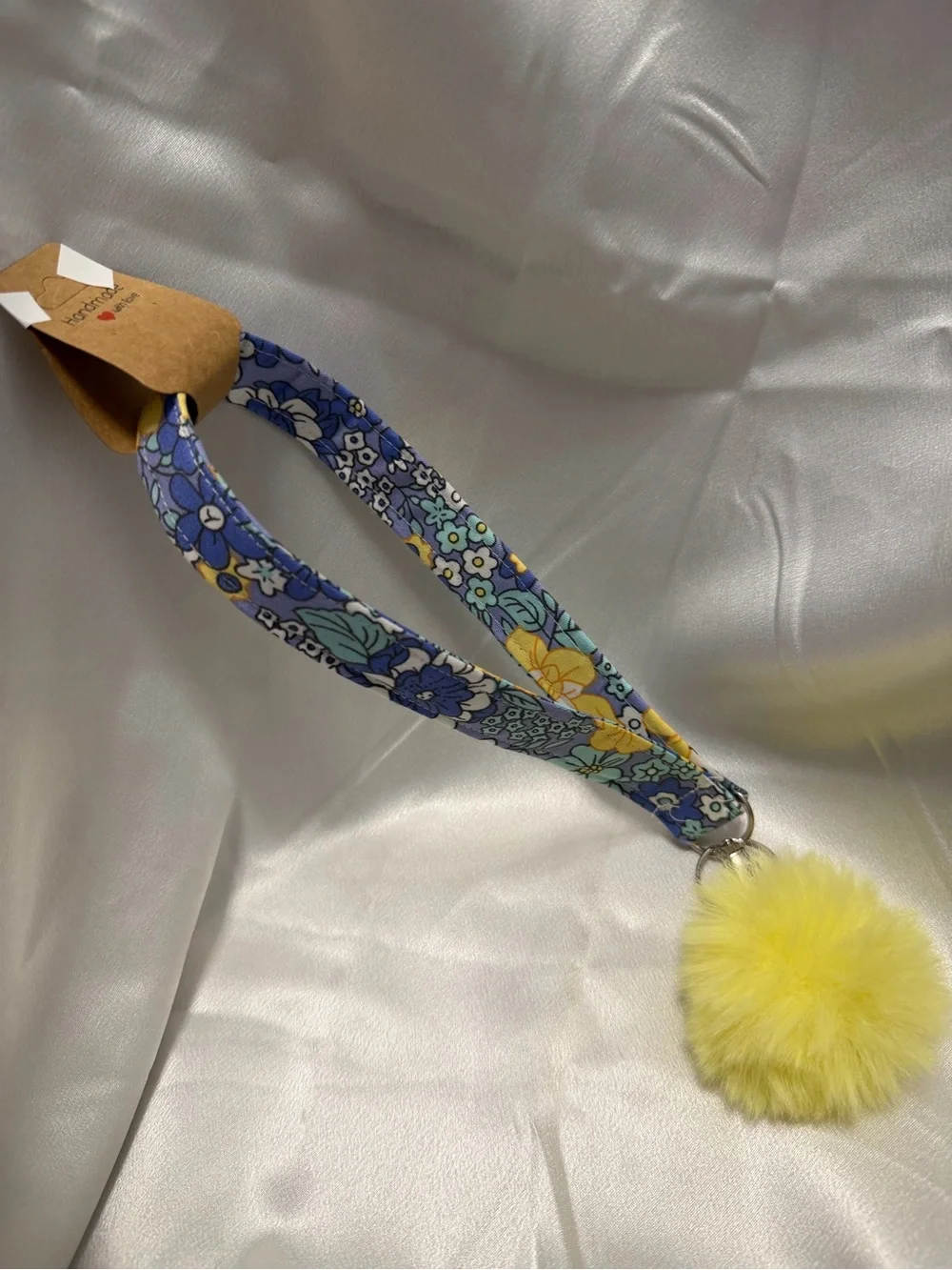 Handmade Blue and Yellow Floral Wristlet Keychain with Yellow Pompom